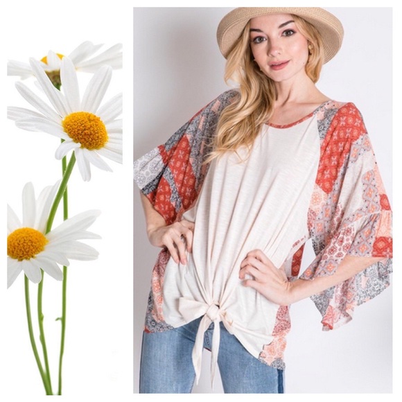 Abigail Boho Patchwork Tie Front Draped Top - Picture 5 of 8